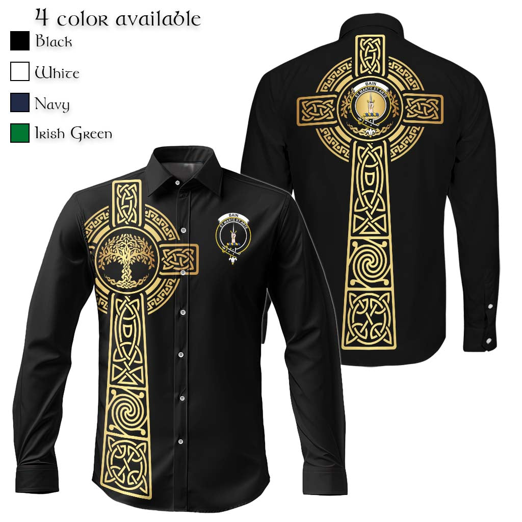 Bain Clan Mens Long Sleeve Button Up Shirt with Golden Celtic Tree Of Life Men's Shirt Black - Tartanvibesclothing