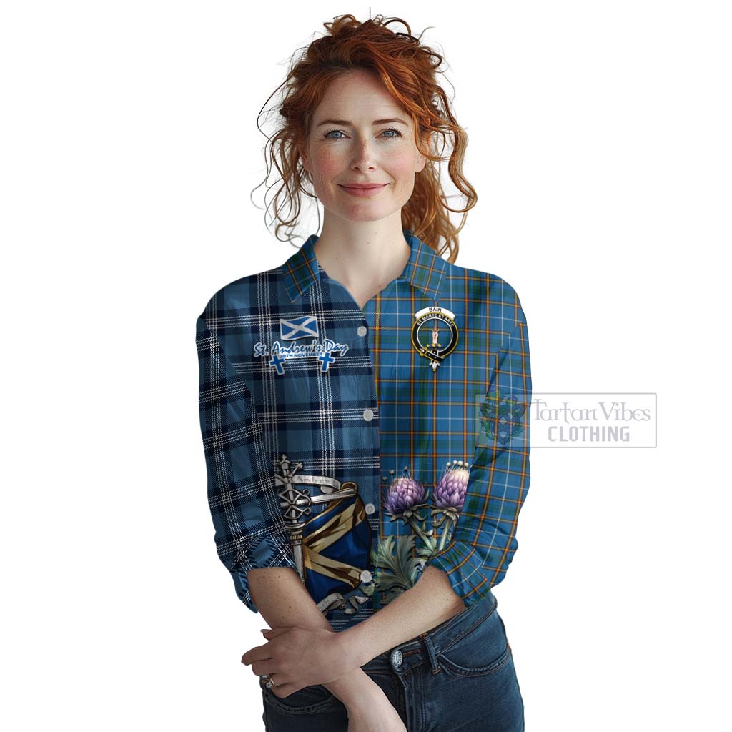 Tartan Vibes Clothing Bain Tartan Women's Casual Shirt Happy St. Andrew's Day Half Tartan Style