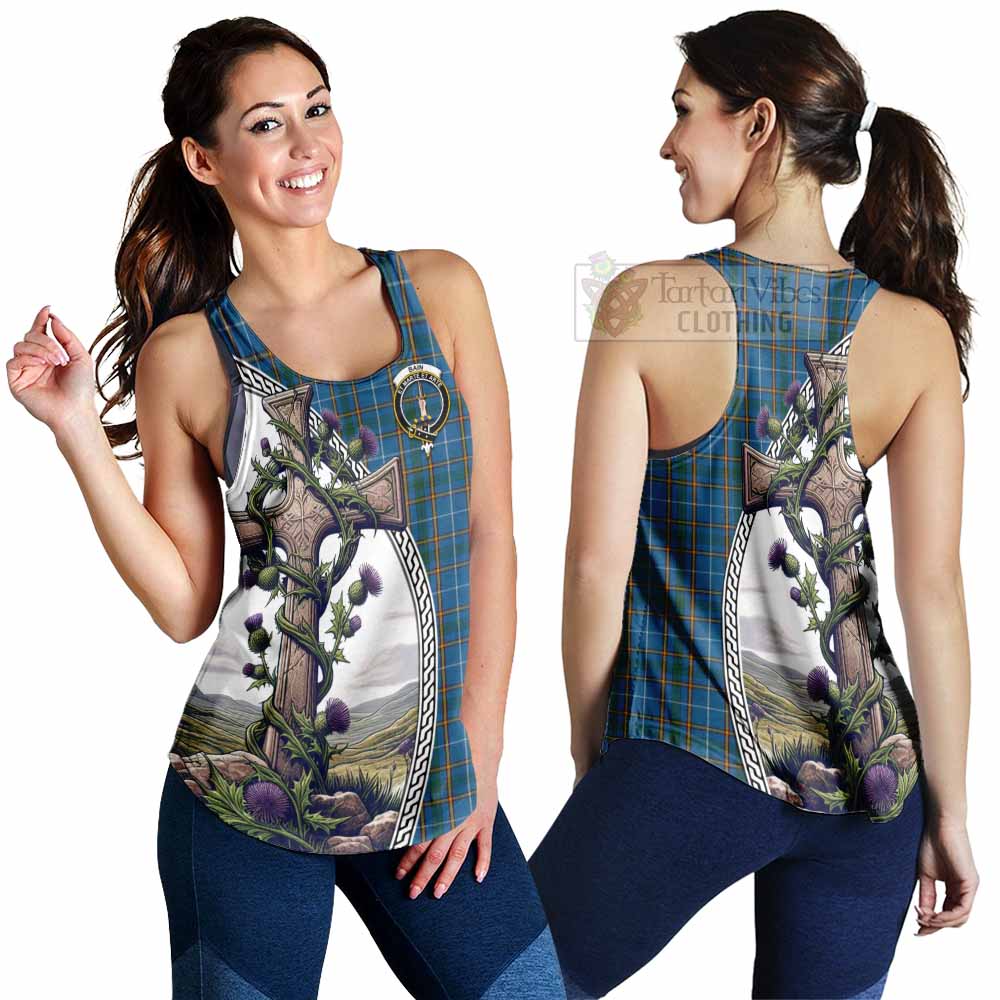 Tartan Vibes Clothing Bain Tartan Women's Racerback Tanks with Family Crest and St. Andrew's Cross Accented by Thistle Vines