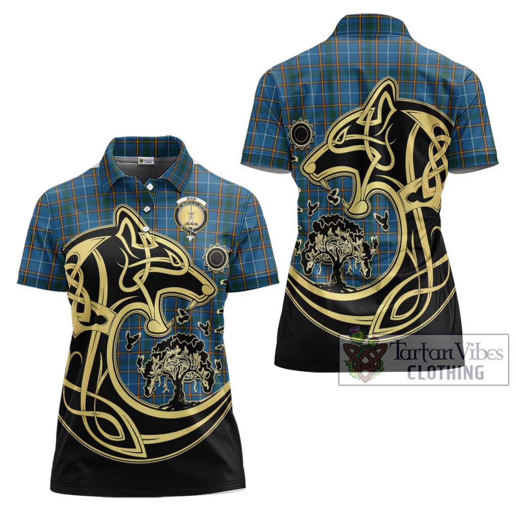 Bain Tartan Women's Polo Shirt with Family Crest Celtic Wolf Style Women - Tartanvibesclothing Shop