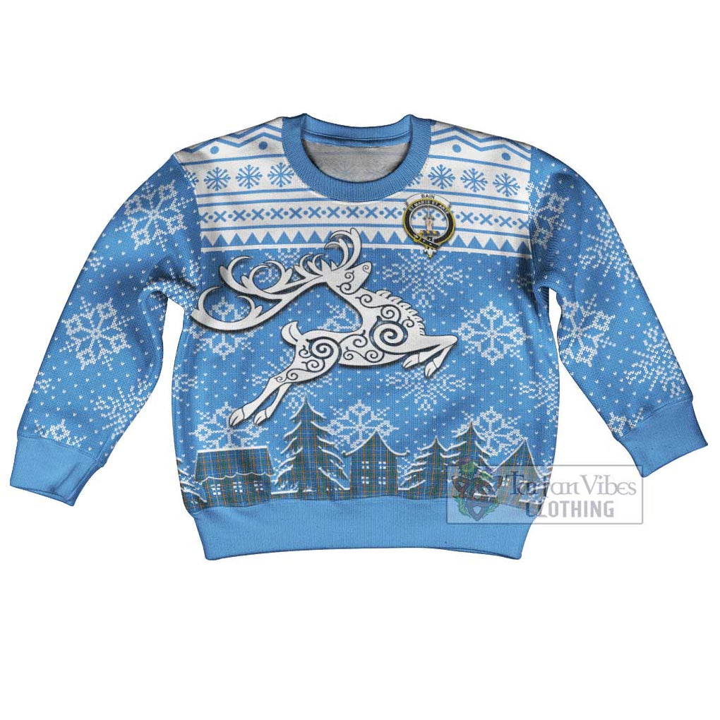 Tartan Vibes Clothing Bain Clan Christmas Kid Ugly Sweater with Tartan and Celtic Raindeer Style