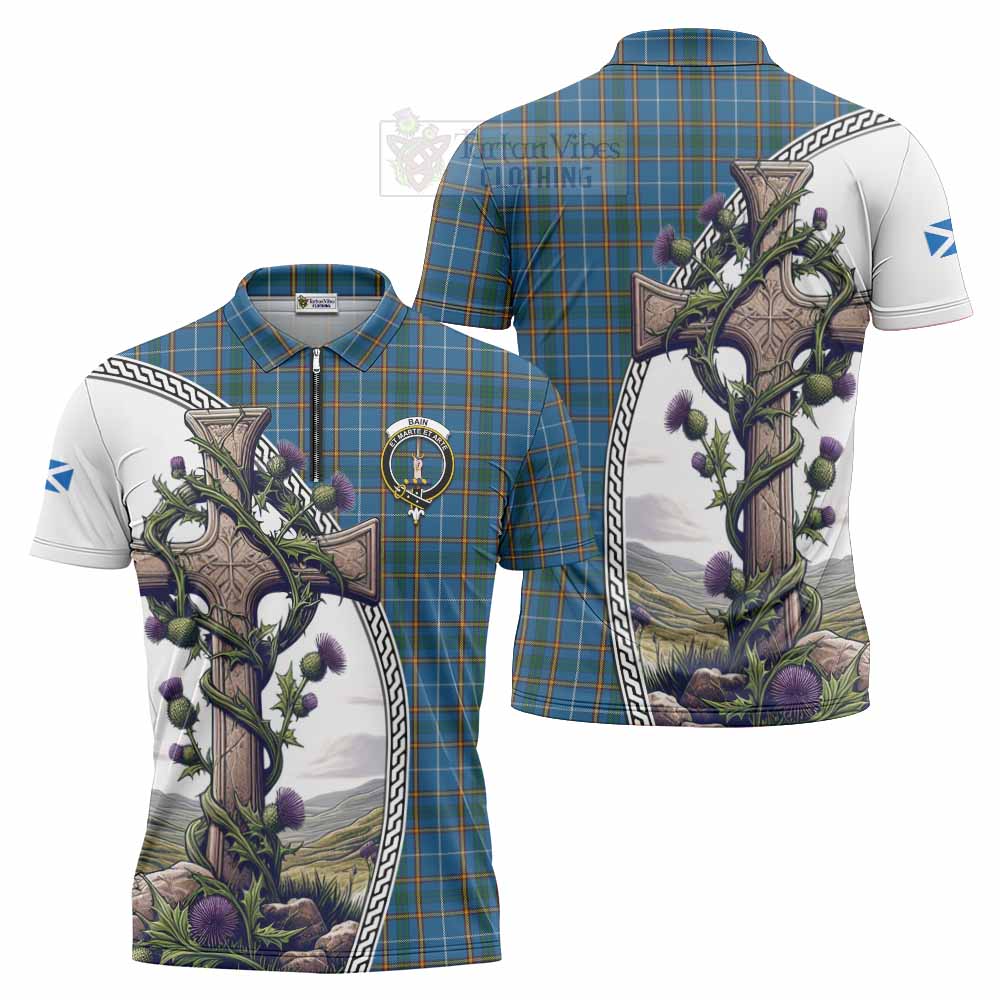 Tartan Vibes Clothing Bain Tartan Zipper Polo Shirt with Family Crest and St. Andrew's Cross Accented by Thistle Vines