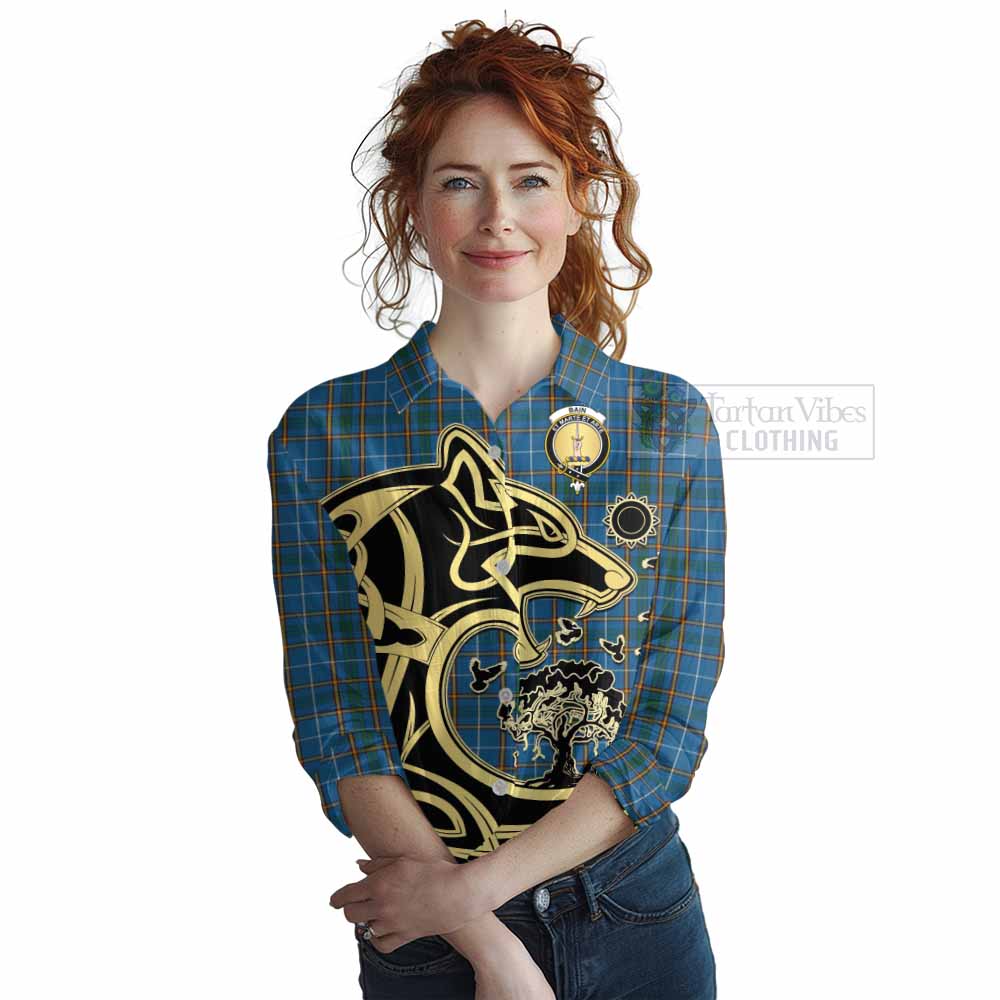 Tartan Vibes Clothing Bain Tartan Women's Casual Shirt with Family Crest Celtic Wolf Style