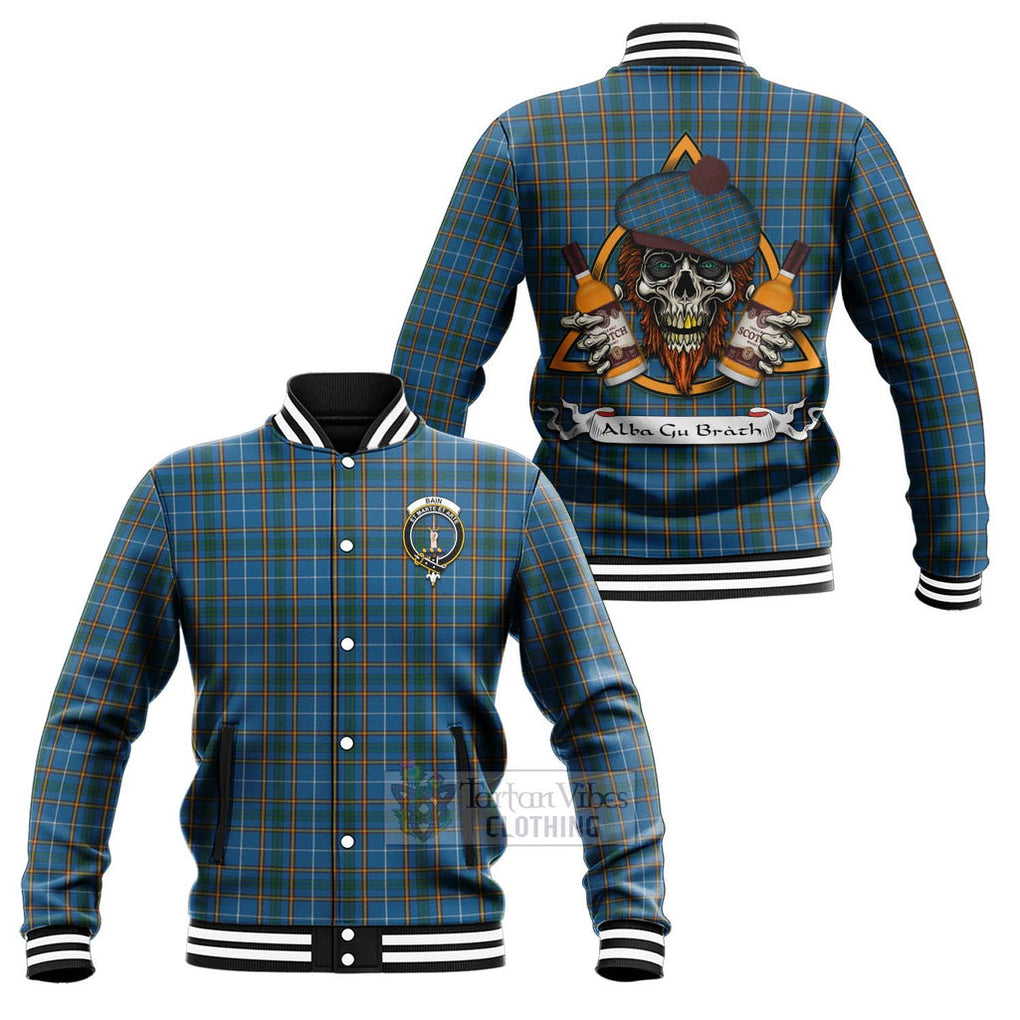 Tartan Vibes Clothing Bain Tartan Baseball Jacket with Family Crest and Bearded Skull Holding Bottles of Whiskey