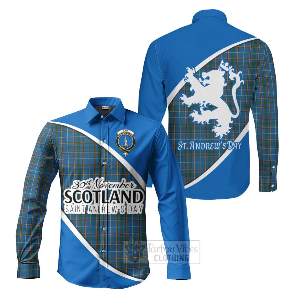 Tartan Vibes Clothing Bain Family Crest Tartan Long Sleeve Button Shirt Celebrate Saint Andrew's Day in Style