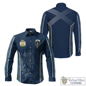 Bain Tartan Long Sleeve Button Up Shirt with Family Crest and Scottish Thistle Vibes Sport Style