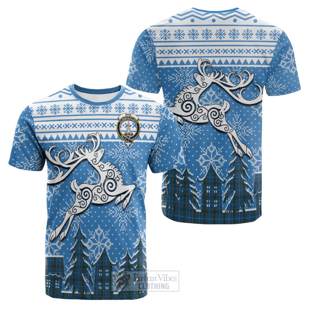 Tartan Vibes Clothing Bain Clan Christmas Cotton T-shirt Celtic Reindeer Style