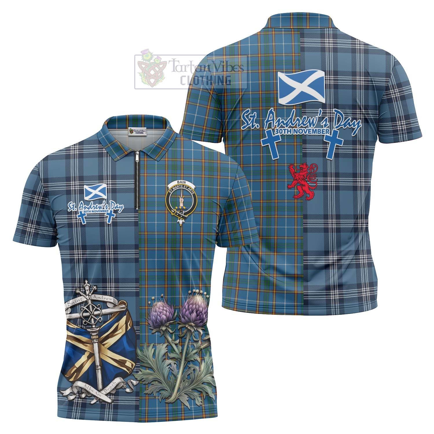 Tartan Vibes Clothing Bain Tartan Zipper Polo Shirt Happy St. Andrew's Day Half Tartan Style