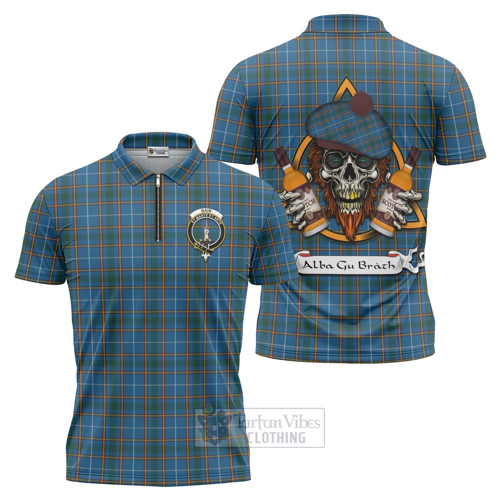 Tartan Vibes Clothing Bain Tartan Zipper Polo Shirt with Family Crest and Bearded Skull Holding Bottles of Whiskey