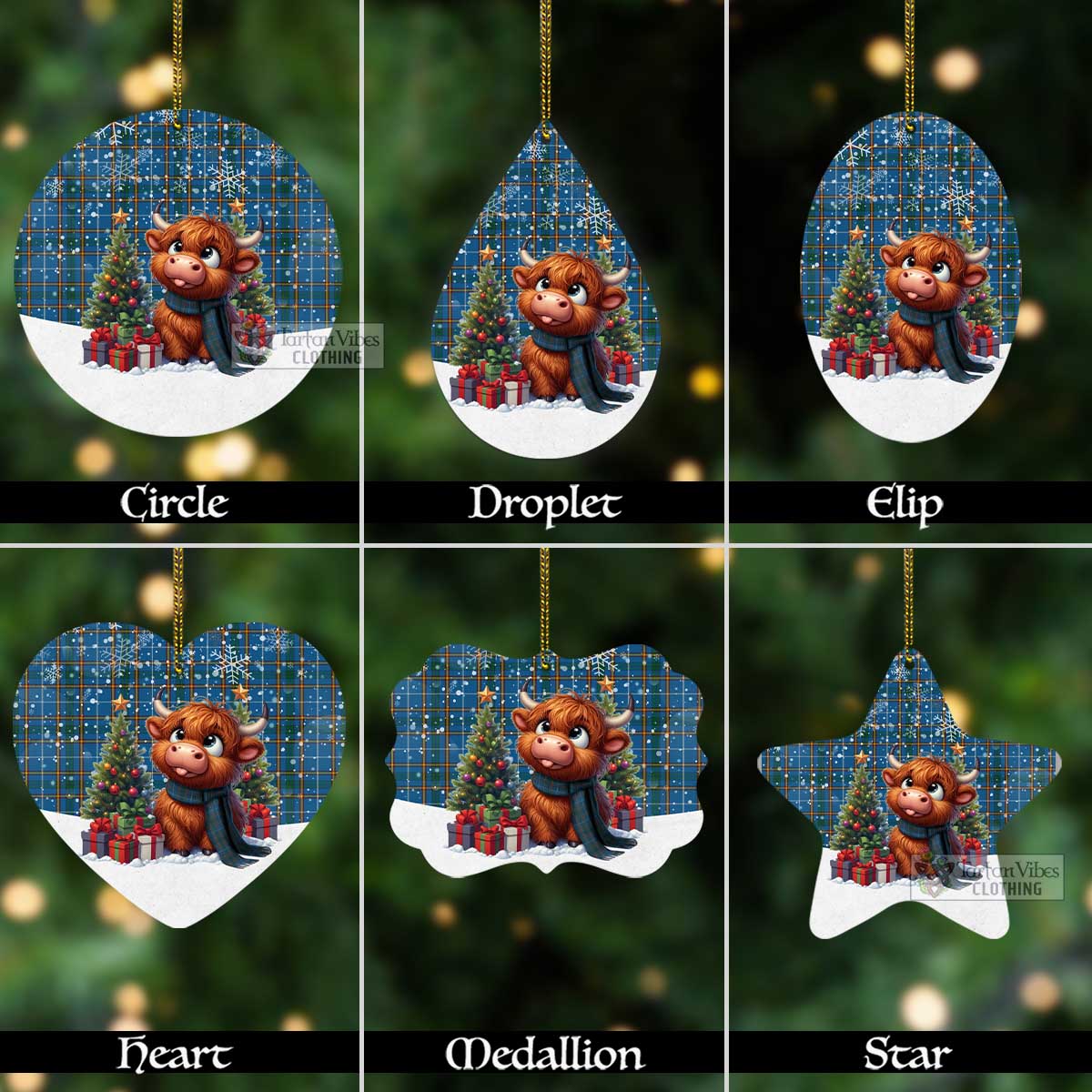 Tartan Vibes Clothing Bain Tartan Christmas Aluminium Ornament with Adorable Highland Coo