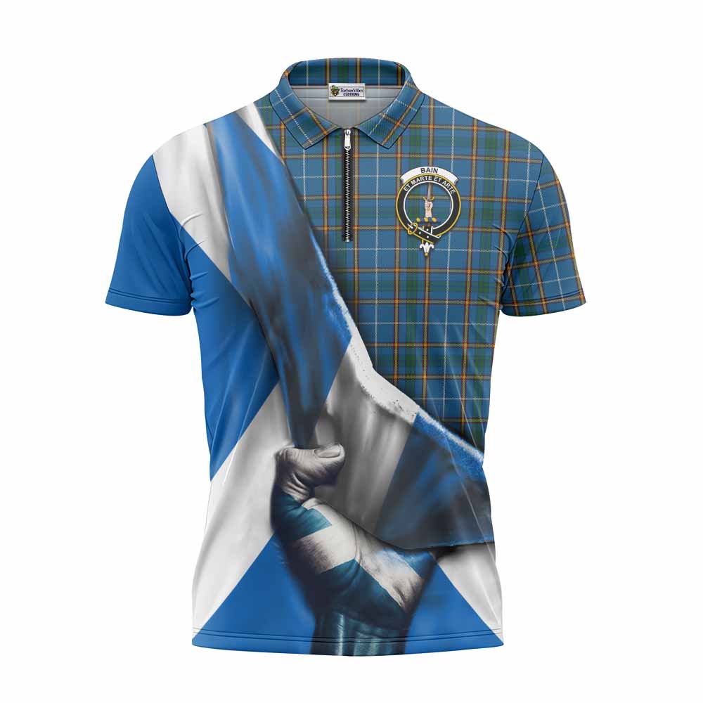 Tartan Vibes Clothing Bain Tartan Zipper Polo Shirt with Family Crest Scotland Patriotic Style