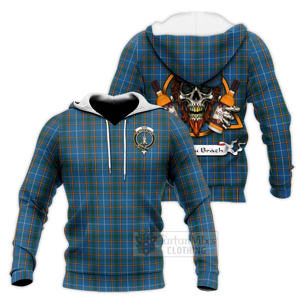 Tartan Vibes Clothing Bain Tartan Knitted Hoodie with Family Crest and Bearded Skull Holding Bottles of Whiskey