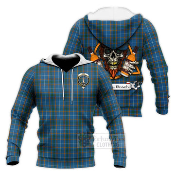 Bain Tartan Knitted Hoodie with Family Crest and Bearded Skull Holding Bottles of Whiskey