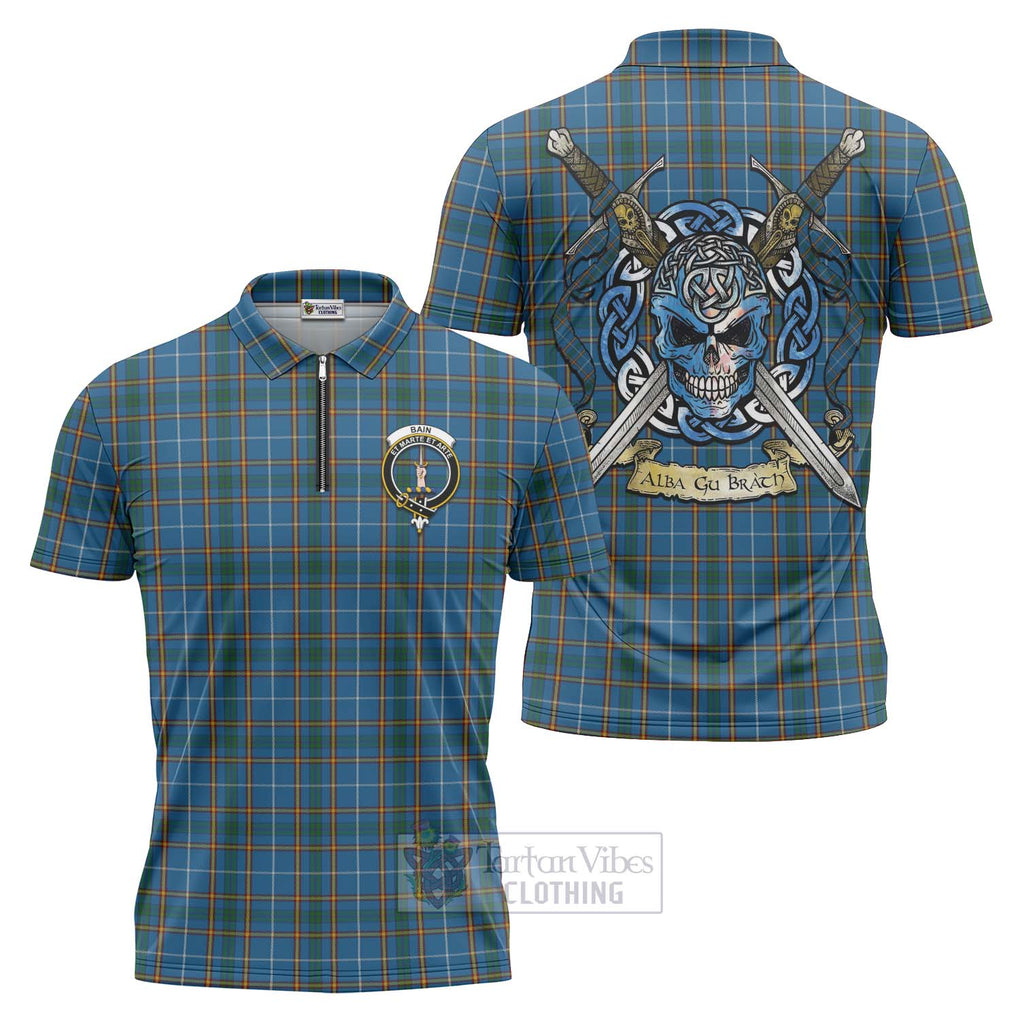 Tartan Vibes Clothing Bain Tartan Zipper Polo Shirt with Family Crest Celtic Skull Style