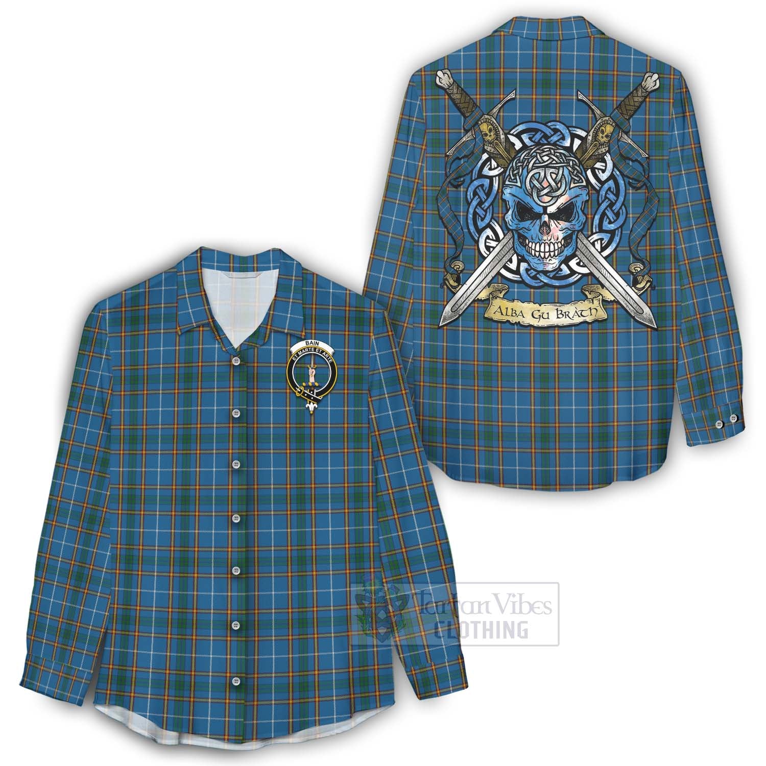 Tartan Vibes Clothing Bain Tartan Women's Casual Shirt with Family Crest Celtic Skull Style