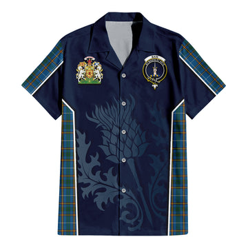 Bain Tartan Short Sleeve Button Up Shirt with Family Crest and Scottish Thistle Vibes Sport Style