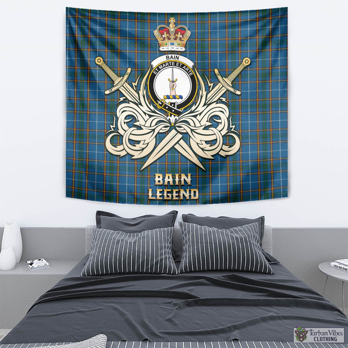 Tartan Vibes Clothing Bain Tartan Tapestry with Clan Crest and the Golden Sword of Courageous Legacy