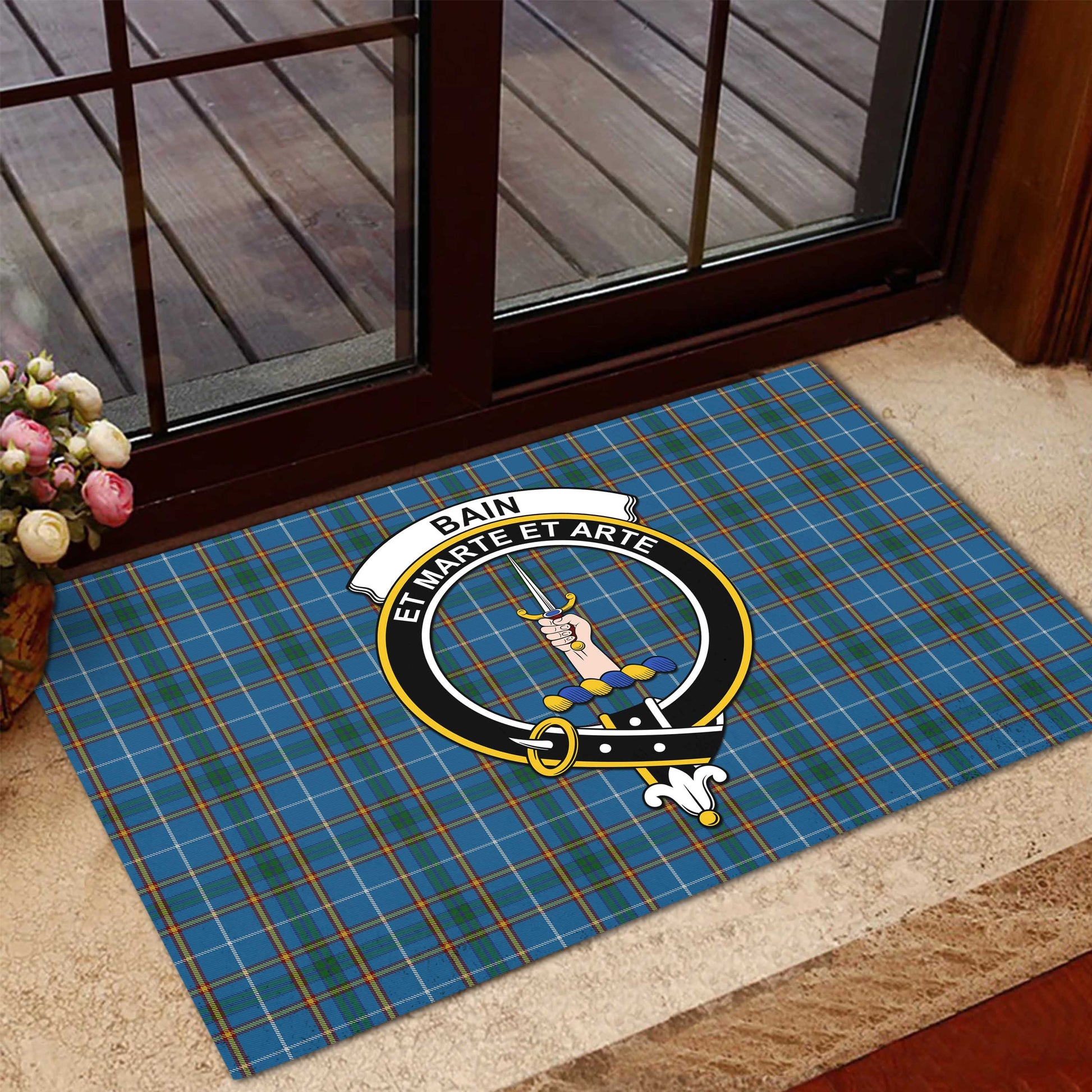 Bain Tartan Door Mat with Family Crest - Tartanvibesclothing