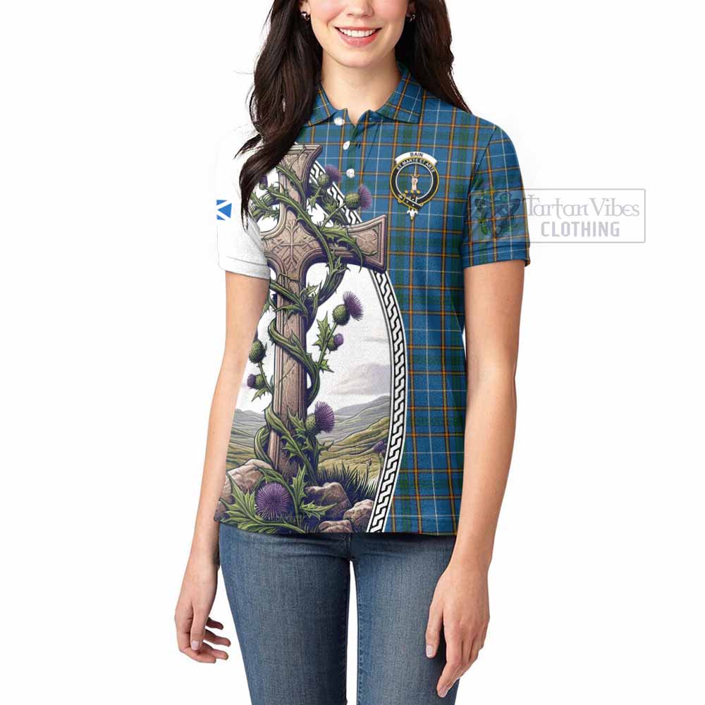 Tartan Vibes Clothing Bain Tartan Women's Polo Shirt with Family Crest and St. Andrew's Cross Accented by Thistle Vines