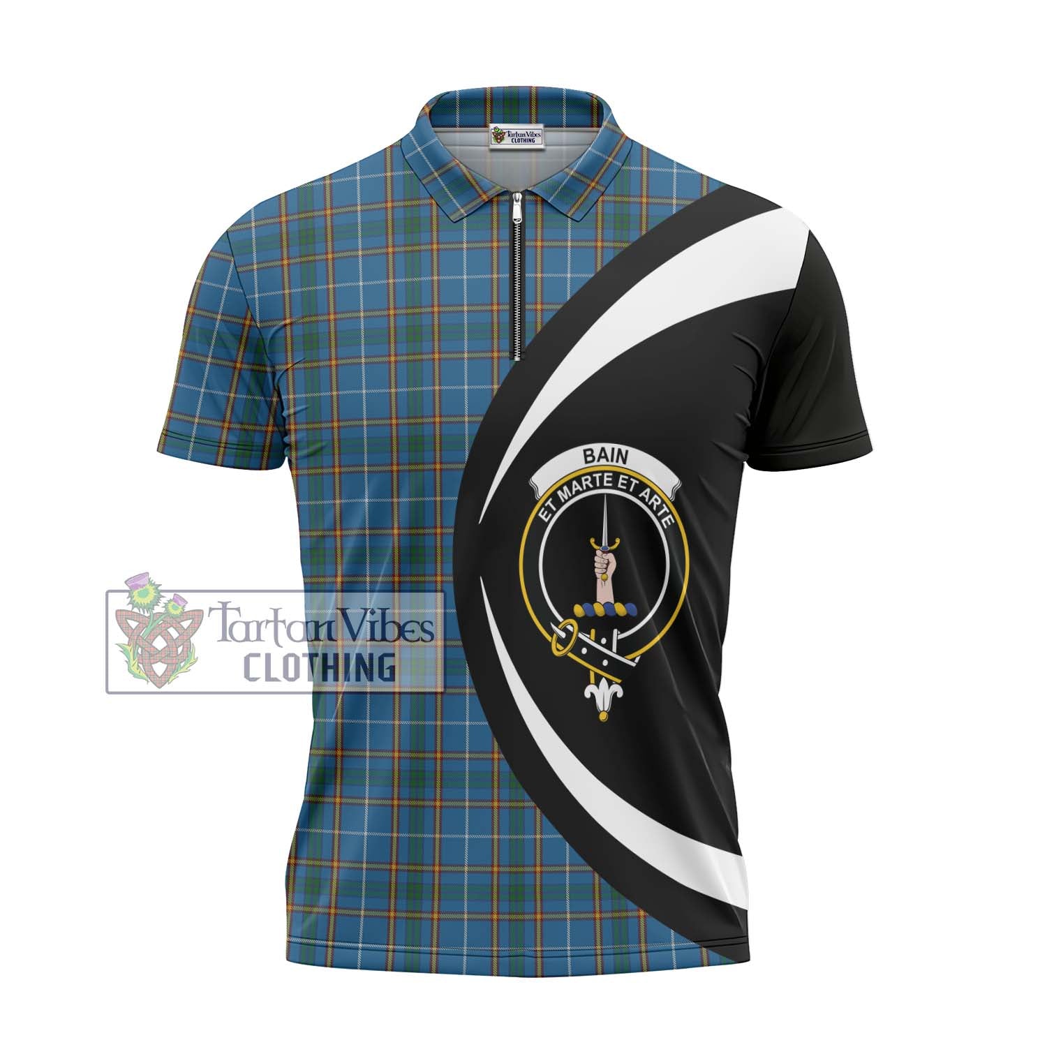 Tartan Vibes Clothing Bain Tartan Zipper Polo Shirt with Family Crest Circle Style