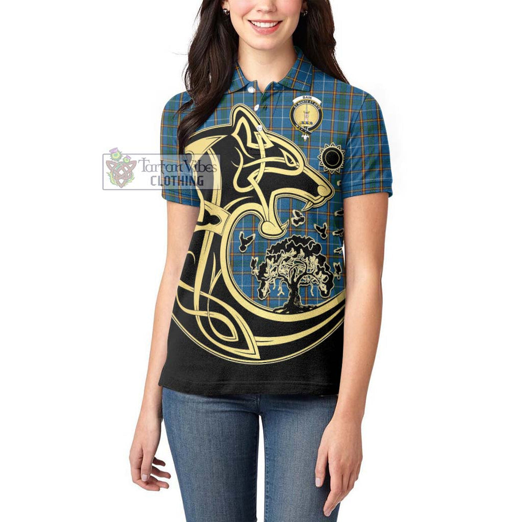 Bain Tartan Women's Polo Shirt with Family Crest Celtic Wolf Style - Tartanvibesclothing Shop