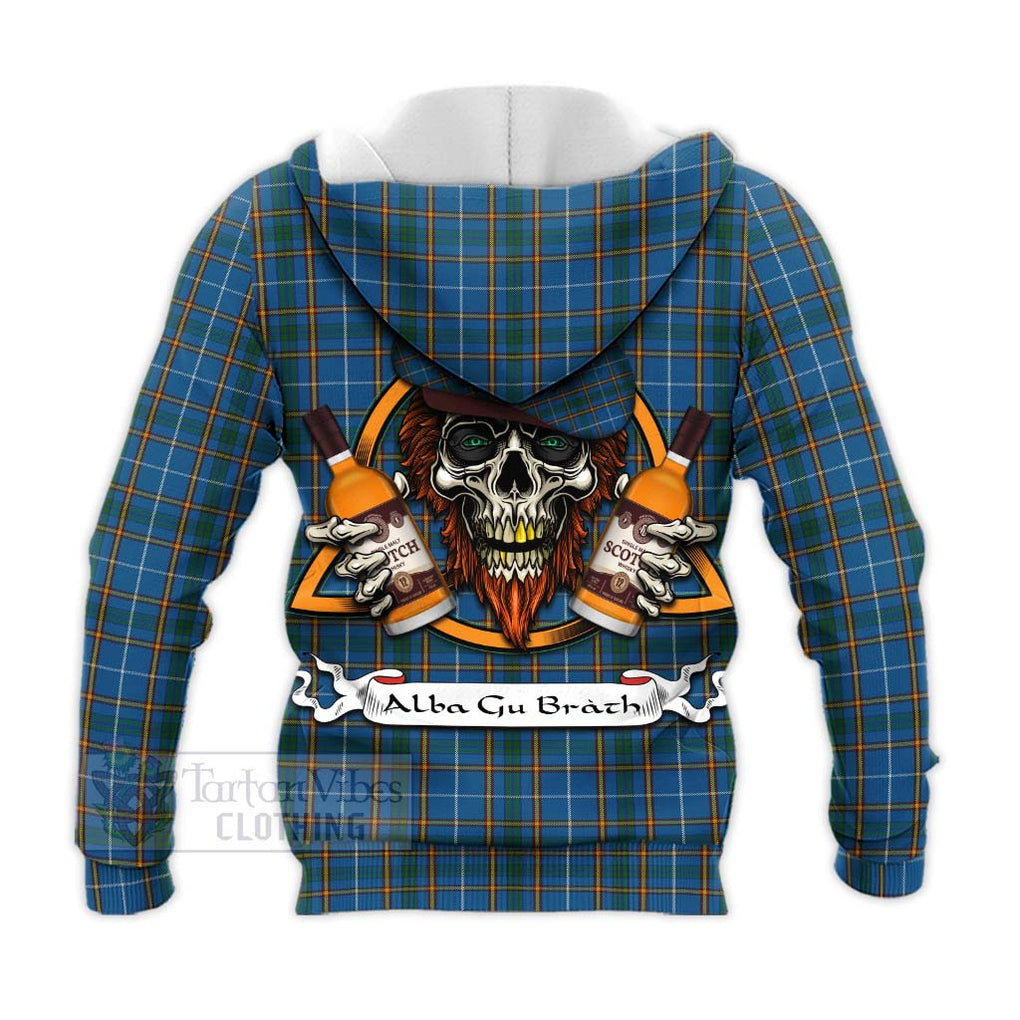 Tartan Vibes Clothing Bain Tartan Knitted Hoodie with Family Crest and Bearded Skull Holding Bottles of Whiskey