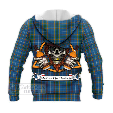 Bain Tartan Knitted Hoodie with Family Crest and Bearded Skull Holding Bottles of Whiskey