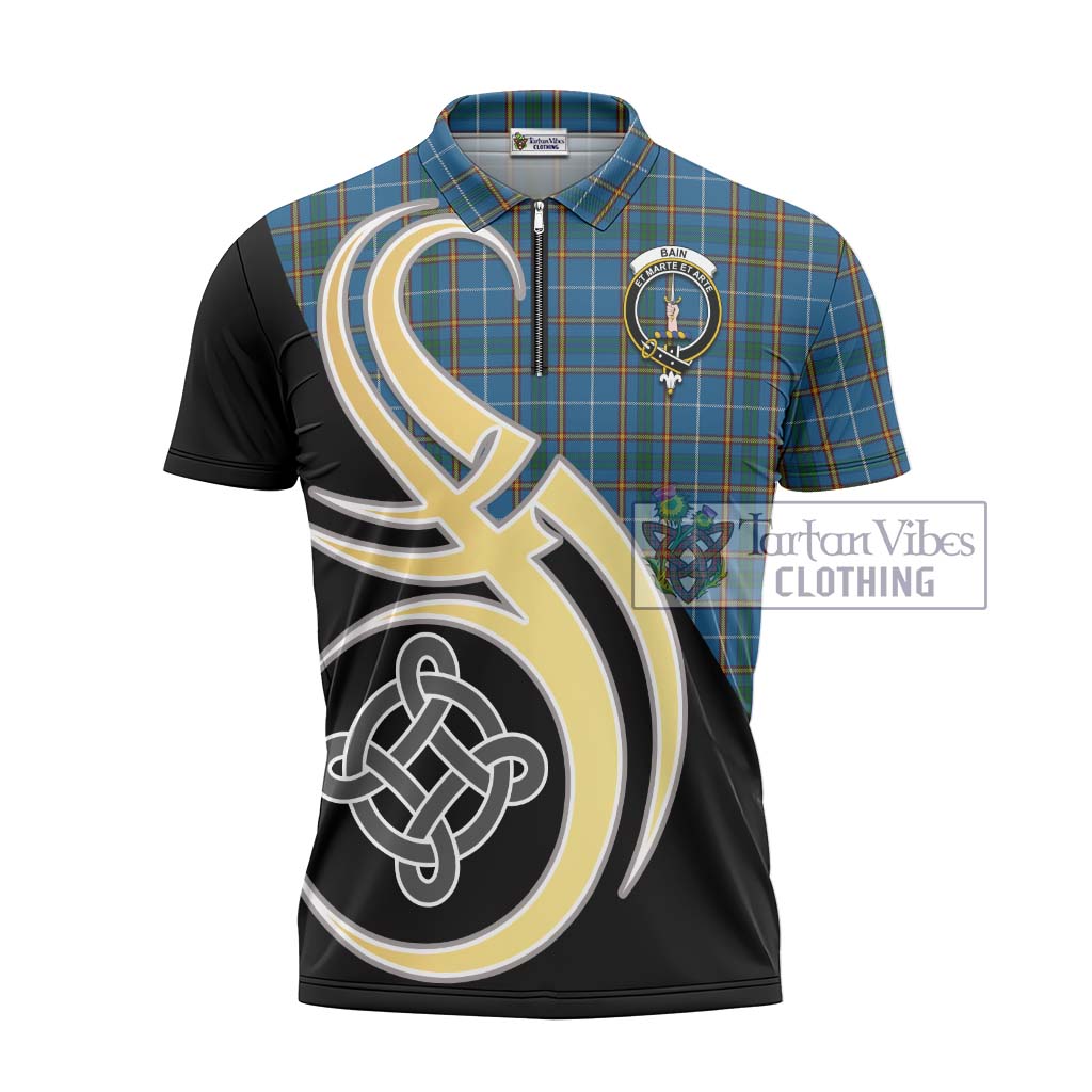 Tartan Vibes Clothing Bain Tartan Zipper Polo Shirt with Family Crest and Celtic Symbol Style