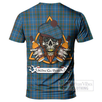 Bain Tartan T-Shirt with Family Crest and Bearded Skull Holding Bottles of Whiskey