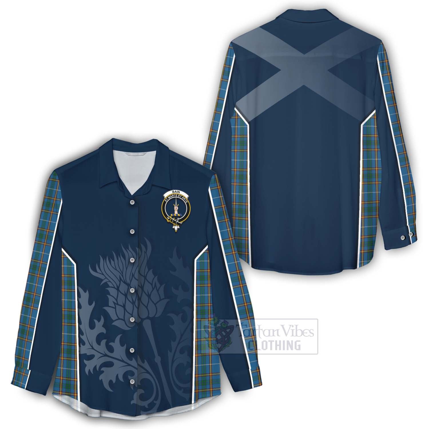 Tartan Vibes Clothing Bain Tartan Women's Casual Shirt with Family Crest and Scottish Thistle Vibes Sport Style