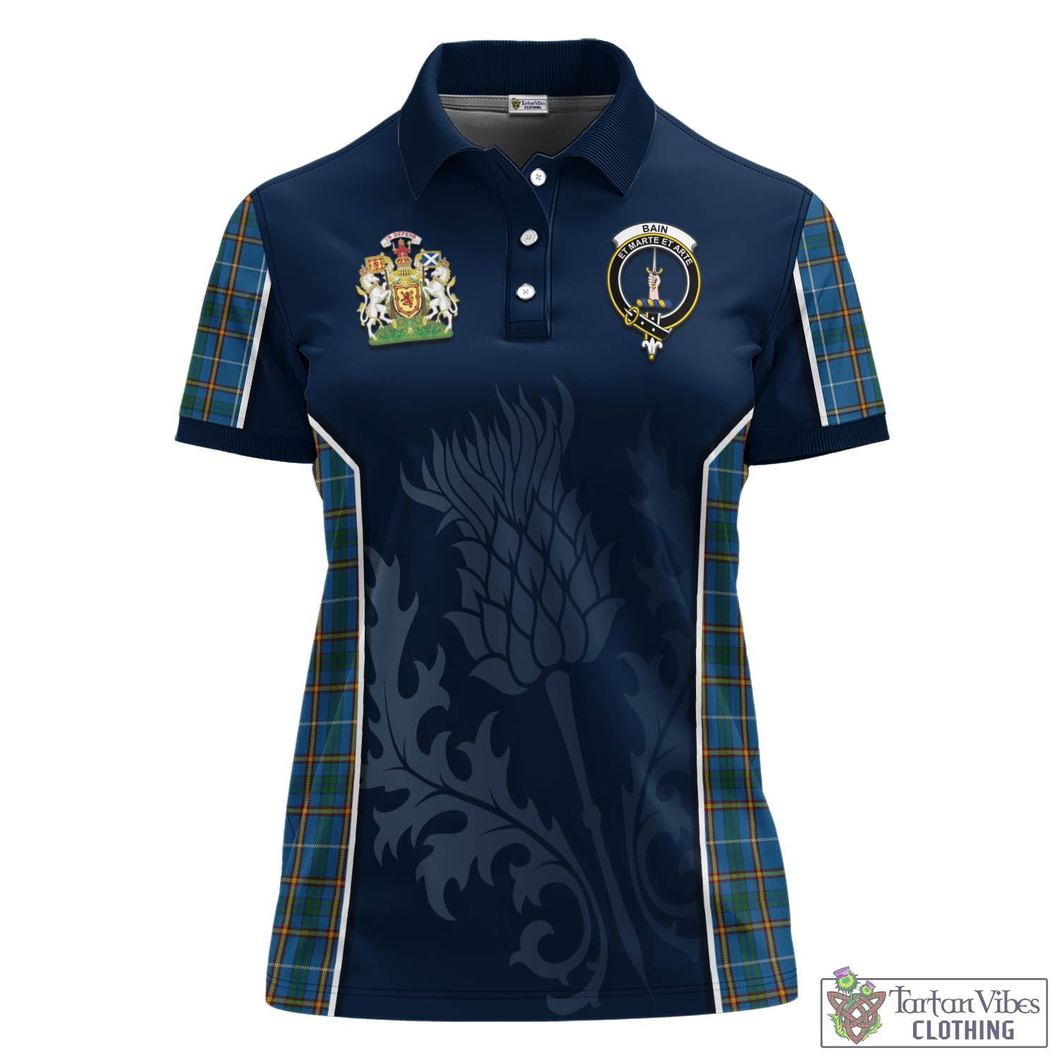 Tartan Vibes Clothing Bain Tartan Women's Polo Shirt with Family Crest and Scottish Thistle Vibes Sport Style