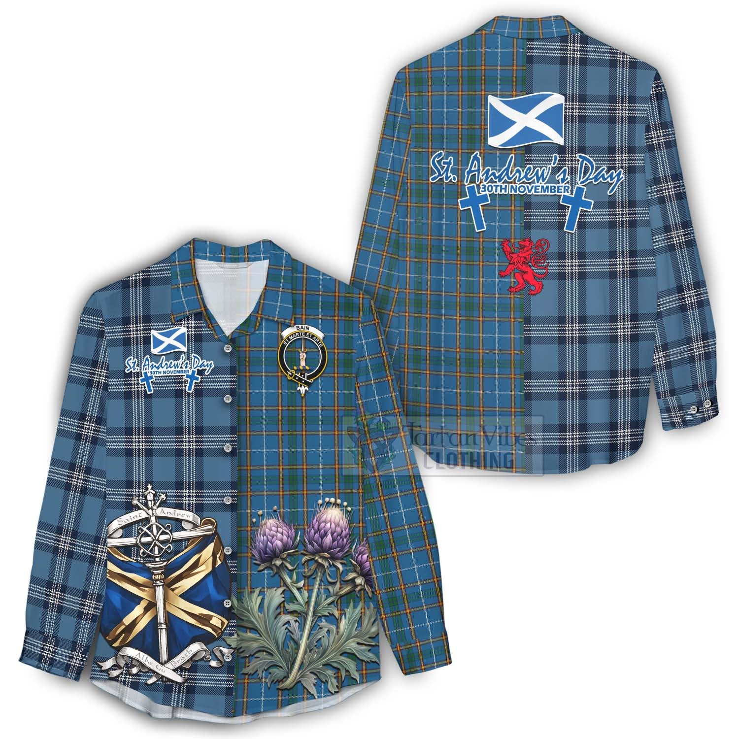 Tartan Vibes Clothing Bain Tartan Women's Casual Shirt Happy St. Andrew's Day Half Tartan Style