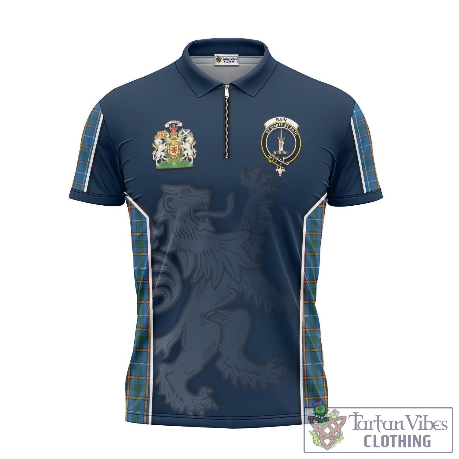 Tartan Vibes Clothing Bain Tartan Zipper Polo Shirt with Family Crest and Lion Rampant Vibes Sport Style