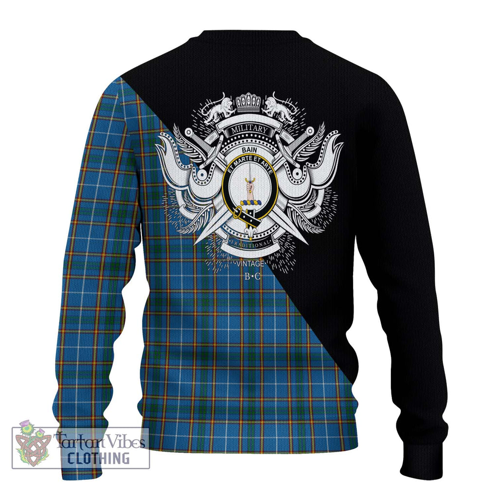 Bain Tartan Knitted Sweater with Family Crest and Military Logo Style - Tartanvibesclothing Shop