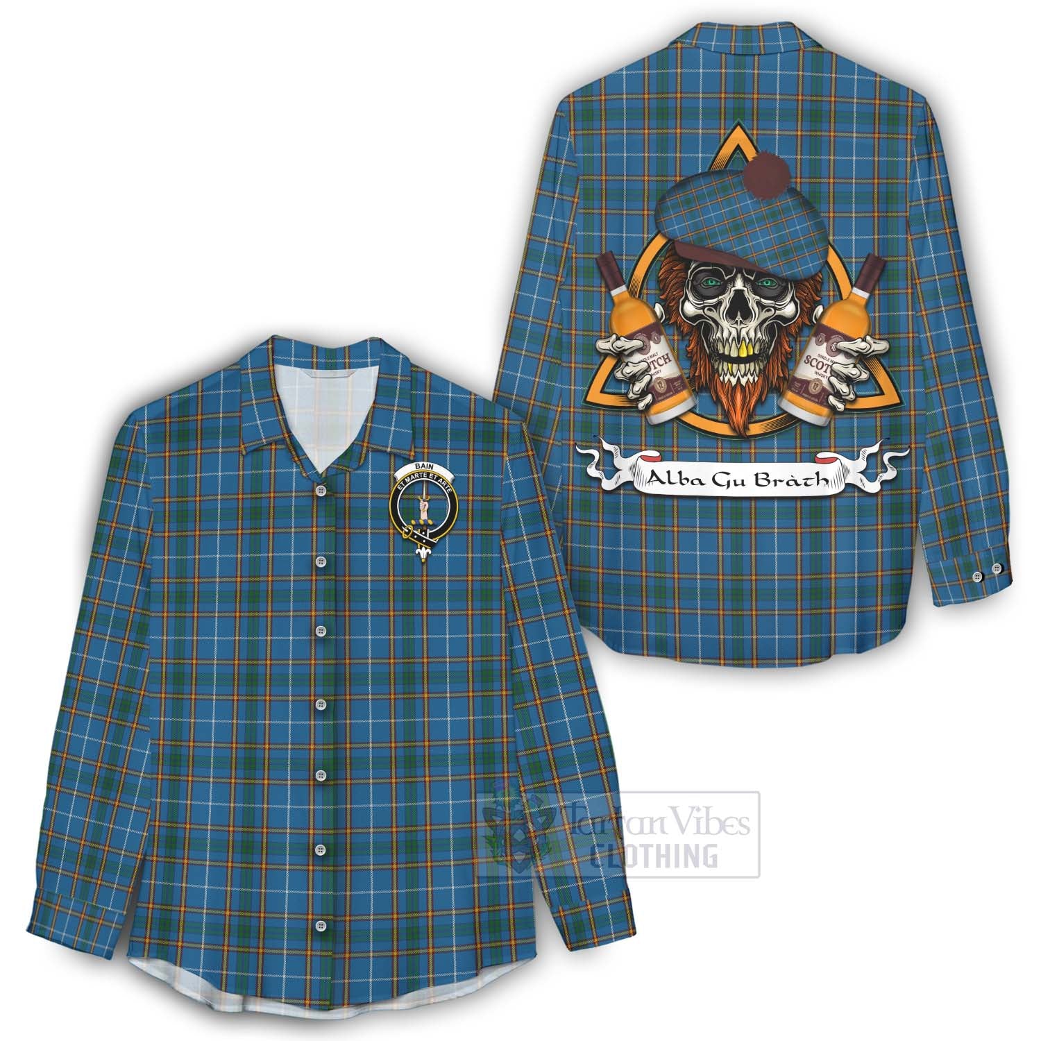 Tartan Vibes Clothing Bain Tartan Women's Casual Shirt with Family Crest and Bearded Skull Holding Bottles of Whiskey