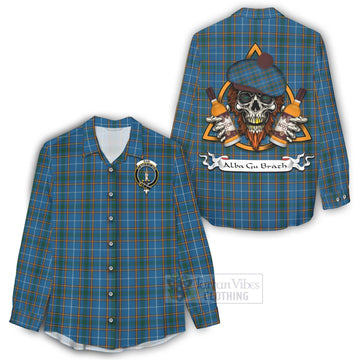 Bain Tartan Women's Casual Shirt with Family Crest and Bearded Skull Holding Bottles of Whiskey