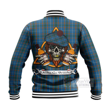 Bain Tartan Baseball Jacket with Family Crest and Bearded Skull Holding Bottles of Whiskey