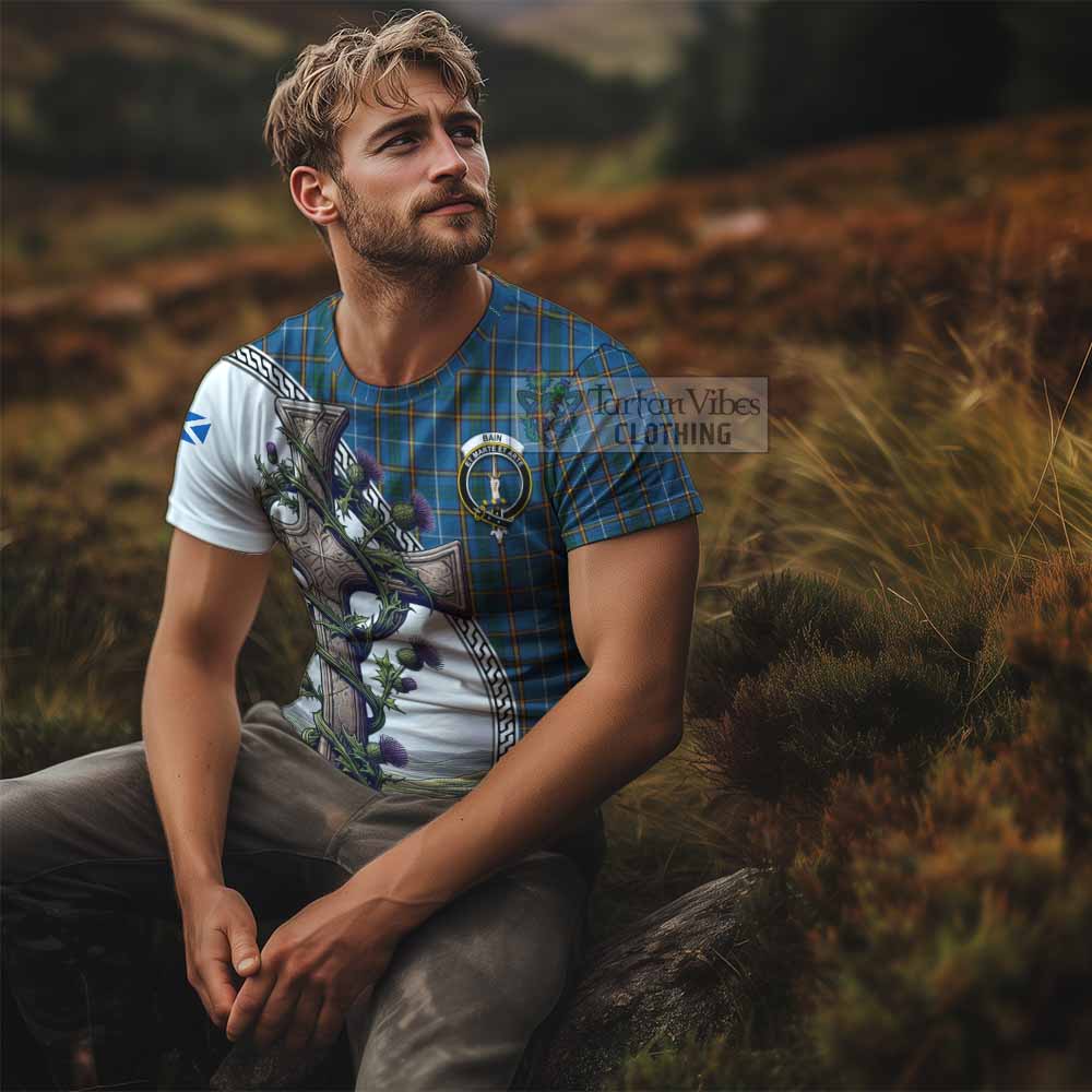 Tartan Vibes Clothing Bain Agnew Tartan T-Shirt with Family Crest and St. Andrew's Cross Accented by Thistle Vines