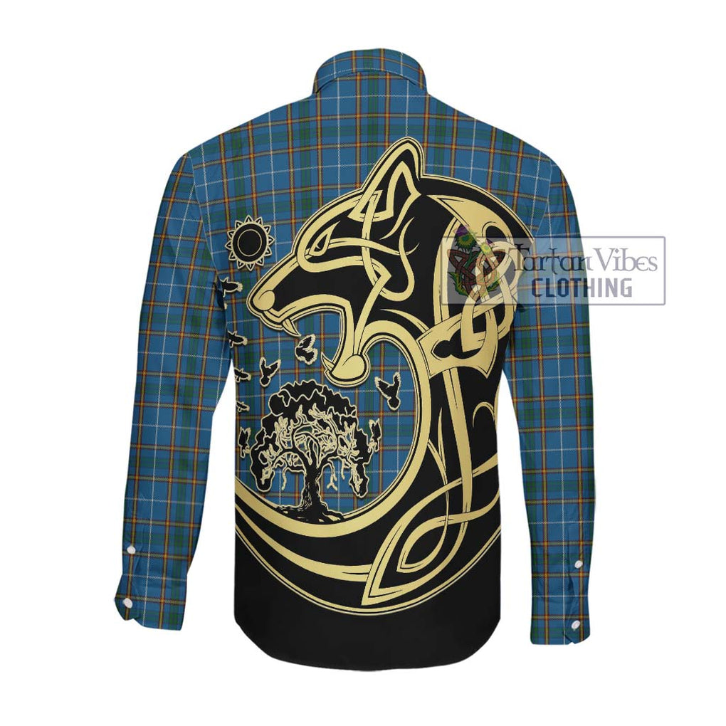 Bain Tartan Long Sleeve Button Shirt with Family Crest Celtic Wolf Style Men's Shirt - Tartan Vibes Clothing