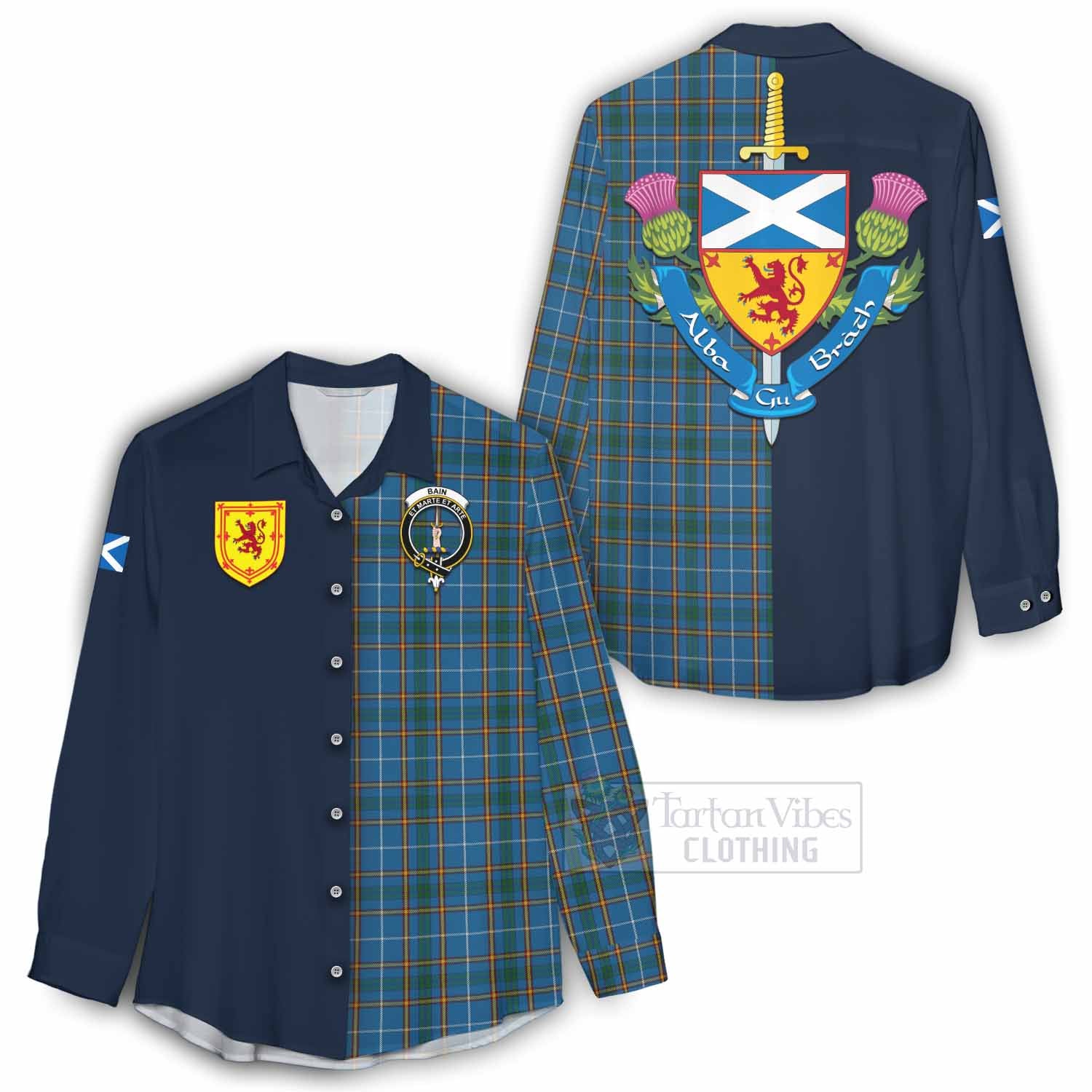 Tartan Vibes Clothing Bain Tartan Women's Casual Shirt Alba with Scottish Lion Royal Arm Half Style