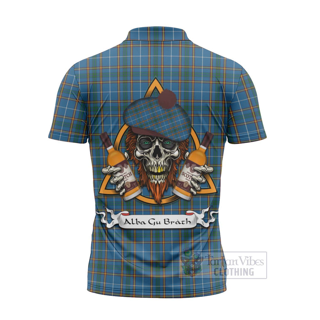 Tartan Vibes Clothing Bain Tartan Zipper Polo Shirt with Family Crest and Bearded Skull Holding Bottles of Whiskey