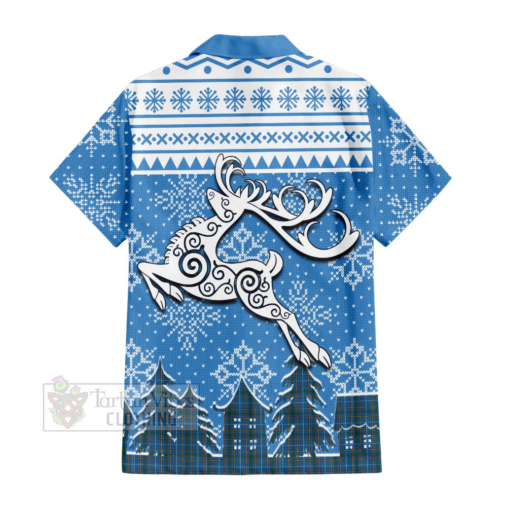 Tartan Vibes Clothing Bain Clan Christmas Short Sleeve Button Shirt Celtic Reindeer Style