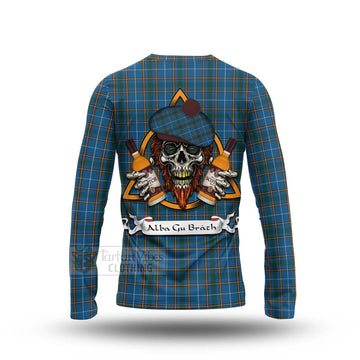 Bain Tartan Long Sleeve T-Shirt with Family Crest and Bearded Skull Holding Bottles of Whiskey - Tartan Vibes Clothing