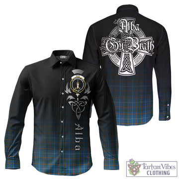 Bain Tartan Long Sleeve Button Up Featuring Alba Gu Brath Family Crest Celtic Inspired