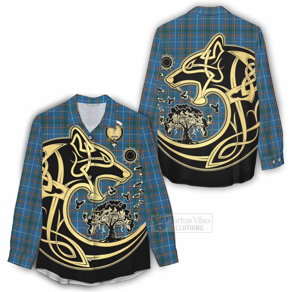 Tartan Vibes Clothing Bain Tartan Women's Casual Shirt with Family Crest Celtic Wolf Style