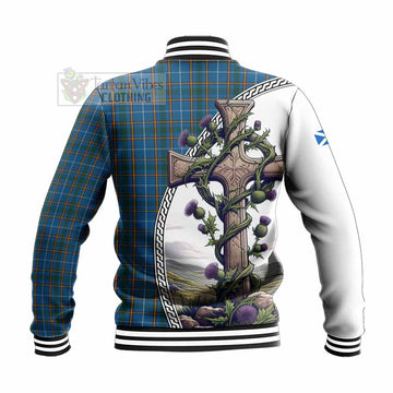 Bain Tartan Baseball Jacket with Family Crest and St. Andrew's Cross Accented by Thistle Vines