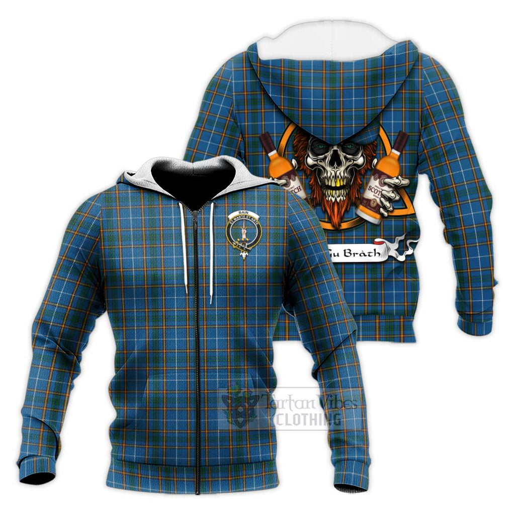 Tartan Vibes Clothing Bain Tartan Knitted Hoodie with Family Crest and Bearded Skull Holding Bottles of Whiskey