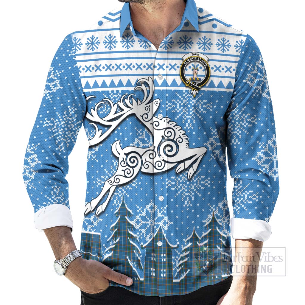 Tartan Vibes Clothing Bain Clan Christmas Long Sleeve Button Shirt Celtic Reindeer Style