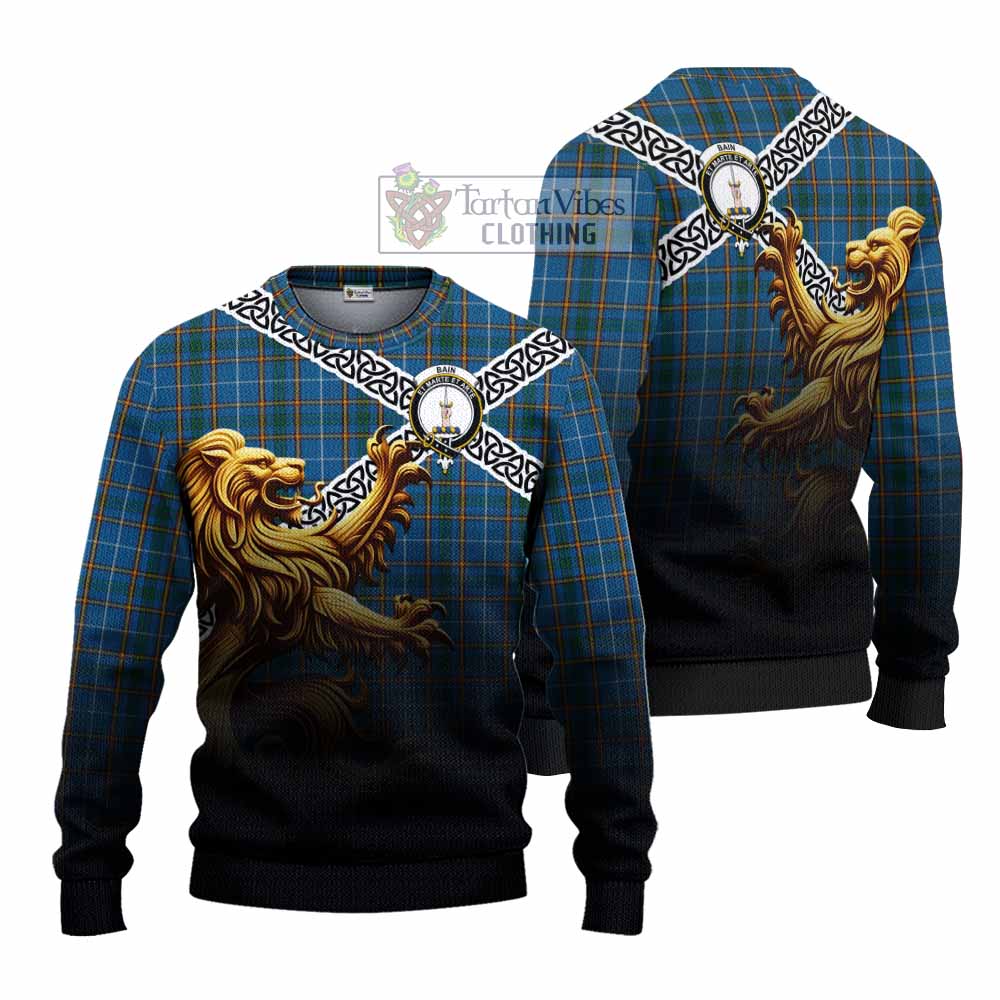 Bain Crest Tartan Knitted Sweater with Golden Lion Emblem Celtic Style - Tartan Vibes Clothing