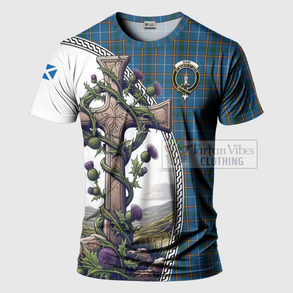 Tartan Vibes Clothing Bain Agnew Tartan T-Shirt with Family Crest and St. Andrew's Cross Accented by Thistle Vines